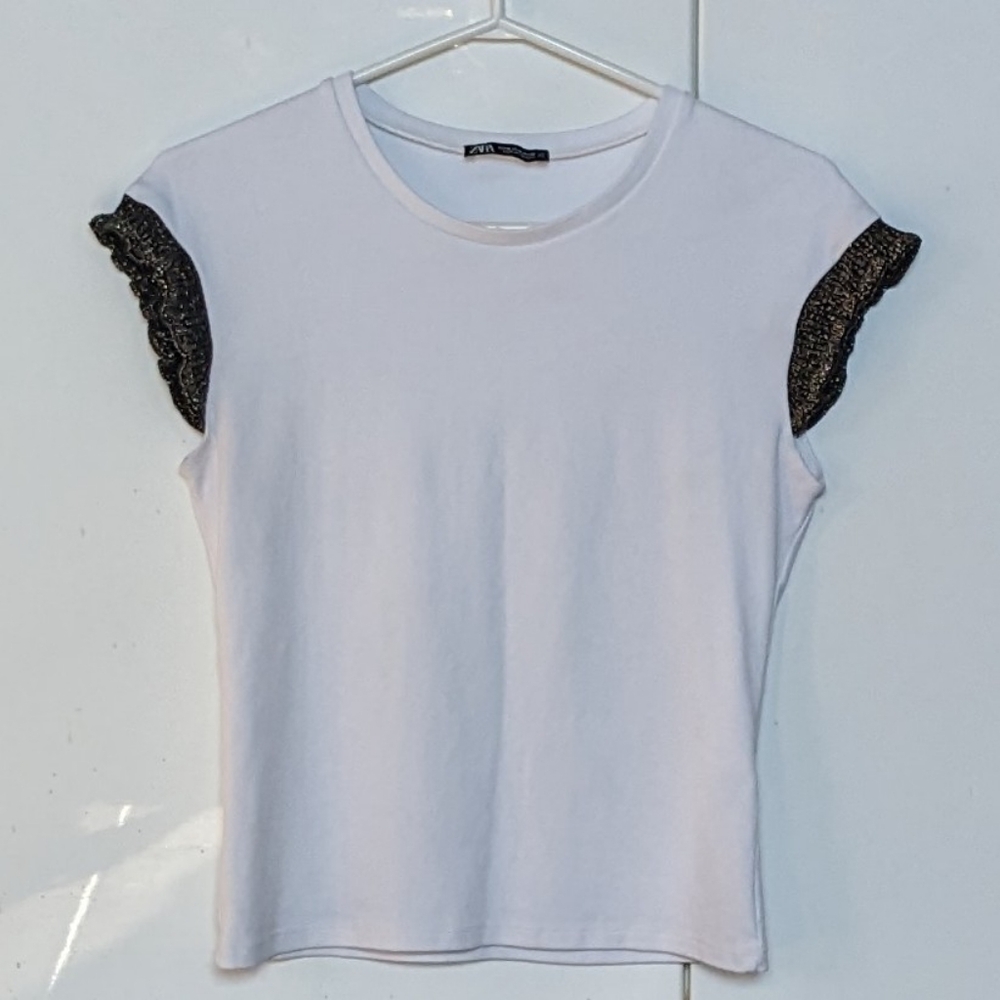 Zara Rhinestone Trim T-shirt Size M White/ Black /Gold